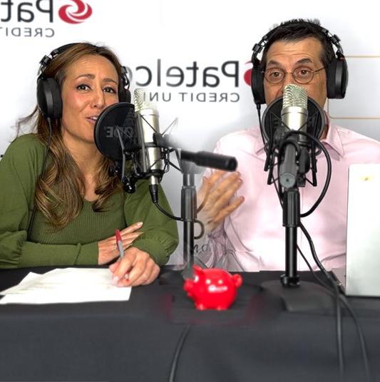 Patelco employees Michele Enriquez and Walid Hissen at the podcast desk
