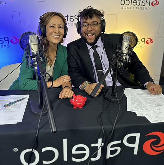 Patelco employees Michele Enriquez and Maurice Catlett at the podcast desk